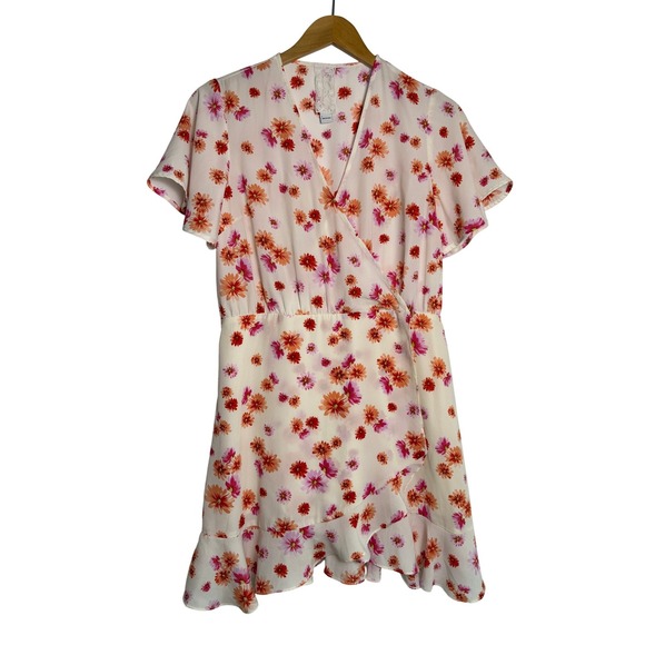 Love Riche Dresses & Skirts - Sadie &‎ Sage Floral Faux Wrap Mini Dress Orange Pink Daisy Ruffle Hem Large